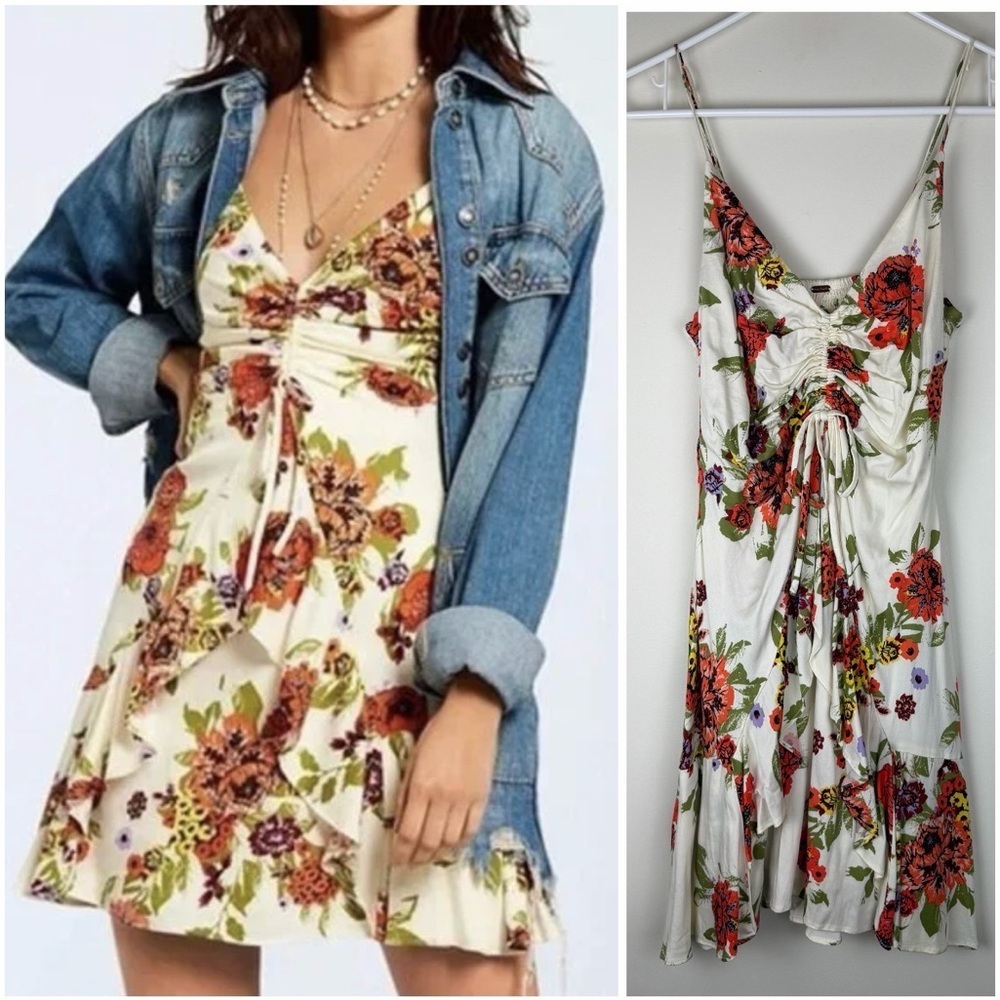 Free People Happy Heart Floral Mini Dress Ruched Ruffle size Small
